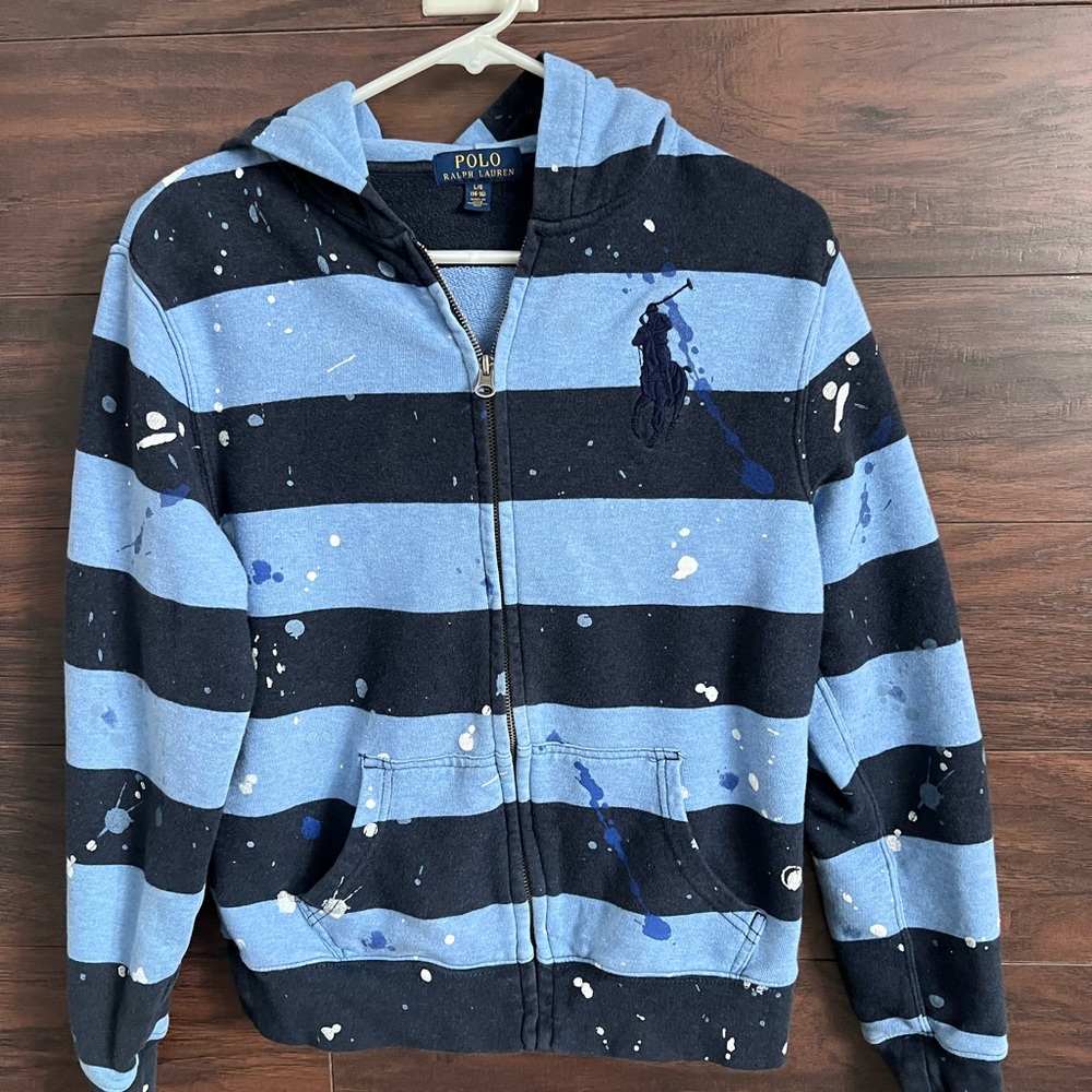 Polo Ralph Lauren Big Pony Big Boys Size L(14-16)Blue Striped Zip Up Hoodie